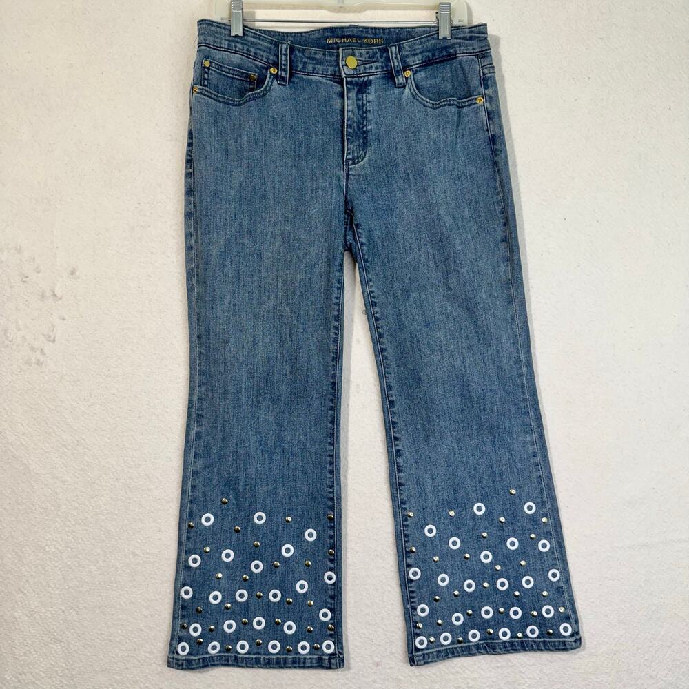 Michael Kors MK Izzy Cropped Flare Blue Denim Jean Embellished Rhinestone Size 8